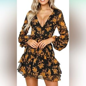 Women Mini Floral dress, full sleeve V neck